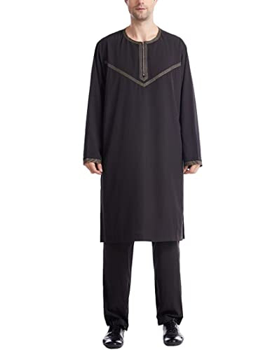 Thobe for Men Islam Mens Thobe Muslim Clothing Moroccan Kaftan Arabic Clothes for Men Set - color: Black-2, size: Medium