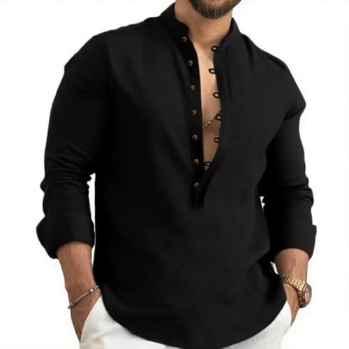 Kubsid Mens Henley Shirts Casual T Shirt Long Sleeve Banded Collar Button Down Vintage Beach Tops - color: Black, size: XX-Large