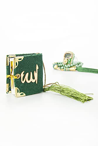 İhvan Online Mini Velvet Quran Set with Islamic Finger Counter, Portable Digital Tasbeeh, Muslim Prayer Beads, Pearl Zikirmatic Beads, 3 Pieces Gift Set for Mevlüt, Green - color: Green