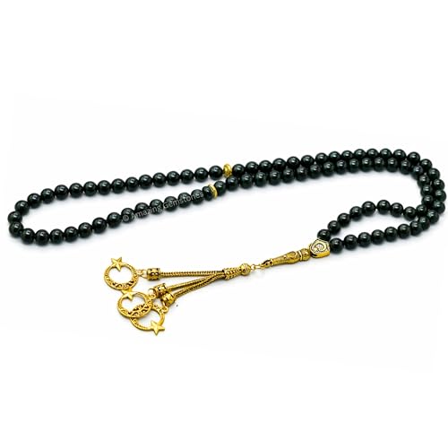 Amazing Gemstone Crystal Tasbeeh with Moon and Star Charm - Certified Crystal Muslim Prayer Beads Natural Gemstone Tasbih Gift for Ramadan Dhikr and Daily Namaz (G) - color: Green Goldstone