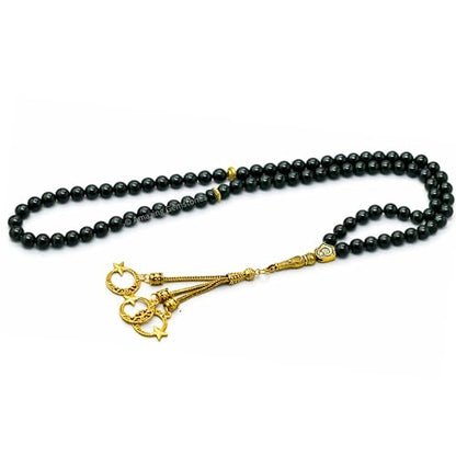 Amazing Gemstone Crystal Tasbeeh with Moon and Star Charm - Certified Crystal Muslim Prayer Beads Natural Gemstone Tasbih Gift for Ramadan Dhikr and Daily Namaz (G) - color: Green Goldstone