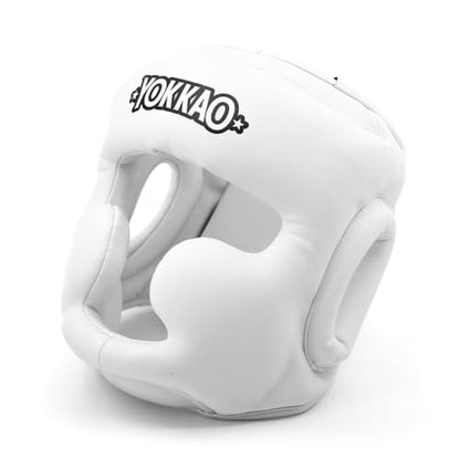 YOKKAO Premium Head Guard | Handmade Genuine Leather Headgear | Ideal for Muay Thai, Boxing, Kickboxing Sparring, Hard Training & Professional Competitions - color: White Training, size: Medium