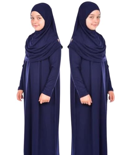 Prien Kids Prayer Dress Muslim Clothes for Girls Long Sleeve Abaya with Hijab Two Piece Maxi Islamic Set Scarf Kaftan Jilbab - color: Navy Blue