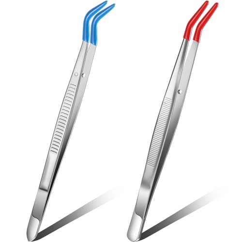 Honoson 2 Pieces Tweezers Curved Bent Tip Tweezers with Rubber Silicone Tips PVC Coated Non Marring Soft Long Rubber Stainless Steel Tools for Jewelry Crafts(Red, Blue) - color: Red, Blue
