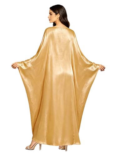 Shinsto Women Satin Prayer Dress Kaftan Robe Musulmane Femme Flashy Gown Luxury Party Wear Nightclub Outfit - color: Yellow, size: 1