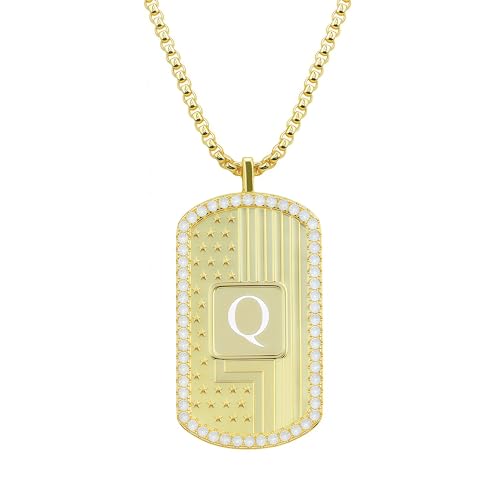 American Flag 18K Gold Plated Initial Dog Tag Alphabet Pendant Necklace for Men&Women, A to Z Copper Pendant Necklace with CZ Stones, Personalized Letter Non-Tarnish Jewelry Gift - style: Q