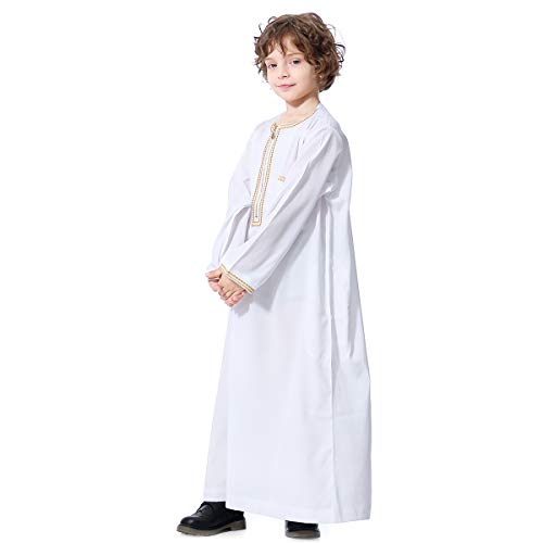 XINNI Arabic Thobe Muslim Thobe Long Sleeve Kaftan Crew Collar Robe with Zipper for Boy - color: White, size: 4-5T