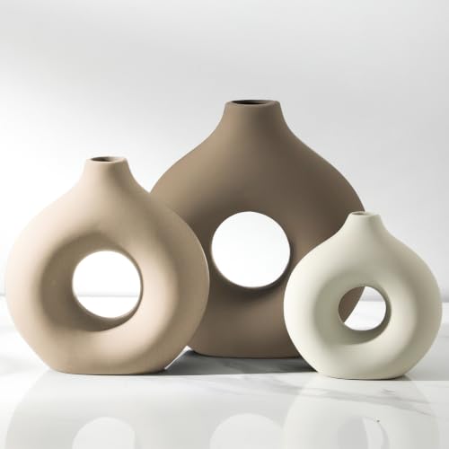 Vanselia Ceramic Vase Home Table Decor - Flower Vases Set of 3 Small Living Room Centerpiece Decorations for Shelf Bedroom Office Kitchen Dining Desk Modern Aesthetic Farmhouse Decorative (Farmhouse) - color: Farmhouse