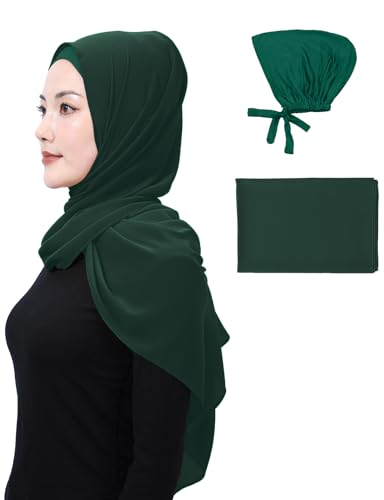 Matched Hijab and Undercap Set, Chiffon Muslim Head Scarf for Women, A Perfectly Decent Combination - color: Dark Green