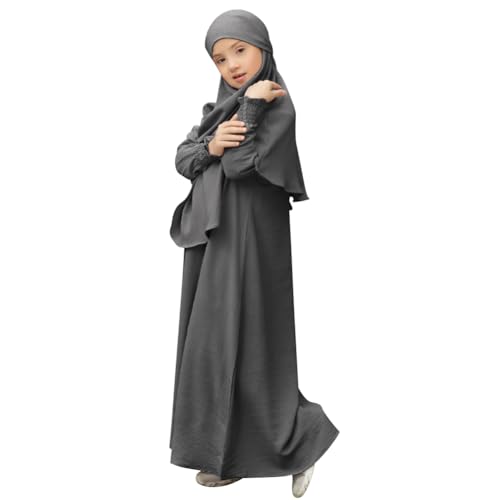 OBEEII Abaya for Girls Muslim Long Sleeve Prayer Dress Ramadan Kaftan Abaya with Hijab Islamic Clothing Arabic Eid Robe - color: Gray, size: 9-10 Years