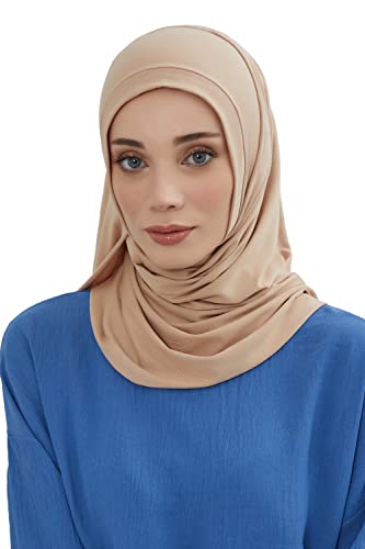 Aisha's Design Jersey Shawl for Women Instant 95% Cotton Modesty Turban Cap Hat Head Wrap Cotton Scarf - color: Sand Brown