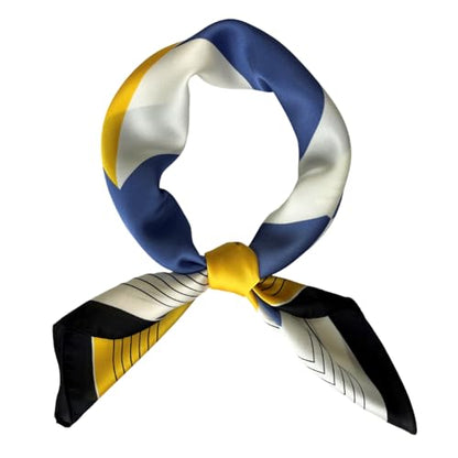 FONYVE Silk Feeling Scarf Medium Square Satin Head Scarf for Women 27.5 × 27.5 inches - color: 04 Geometric Blue & Yellow