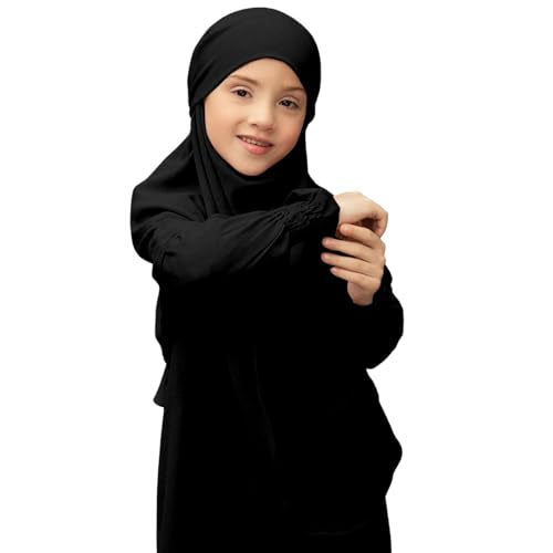 Muslim Clothes for Toddler Girls Long Sleeve Abaya with Hijab Two Piece Kids Prayer Dress Maxi Islamic Scarf Kaftan - color: Black, size: 9-10 Years