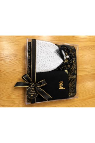 Islamic Prayer Set: Velvet Seccade Prayer Rug, 99 Tesbih Beads, Yasin Sharif Book, and Kufi Cap | Spiritual Gift Set for Hajj, Umrah, Mevlid, Ramadan | Black Color | 27.6 x 43.3 in - Black, 28x43 inch