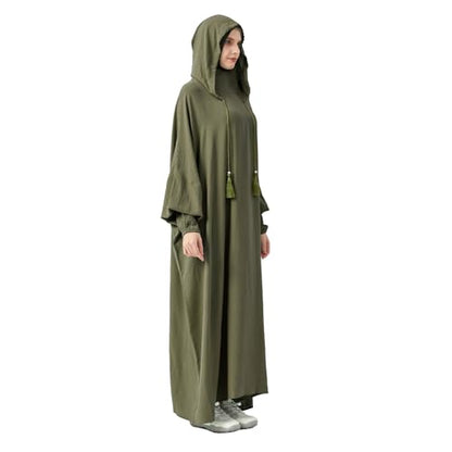 Abaya Muslim Dress Women Prayer Dress Long Sleeve Hooded Loose Maxi Dress Arabian Dubai Islamic Clothes - color: Army Green