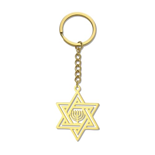 VASSAGO Star of David Keychain for Women Men Jewish Star Menorah Keyring - color: Gold