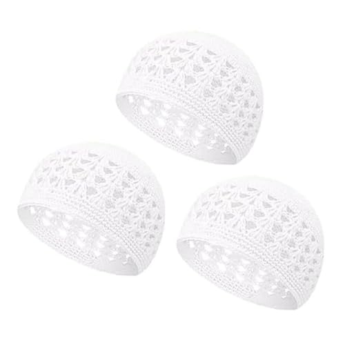 3pcs Knit Kufi Hats for Men Muslim Prayer Cap Islamic Ramadan Eid Taqiyah Cap Koofi Topi Beanie Skull Hat Under Hat - color: White