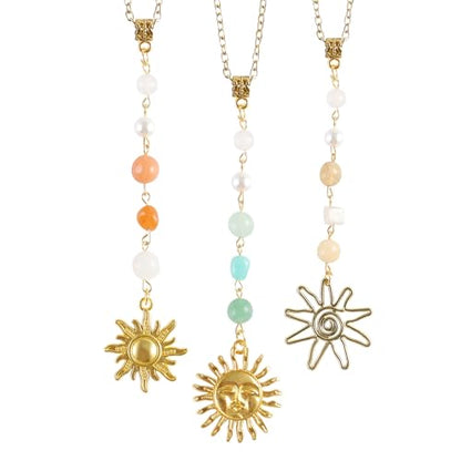 3 Pack Sun Rear View Mirror Hanging Accessories, Hanging Sun Charm with Healing Crystal, Boho Car Charms, Healing Mirror Decor Cute Accessories for Women (Retro)