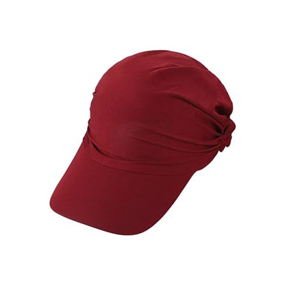 Women Muslim Headscarf Hat Pre Tied Hair Loss Turban Solid Color Chemo Baseball Cap Slouchy Bonnet Head Cover - color: Wine Red-