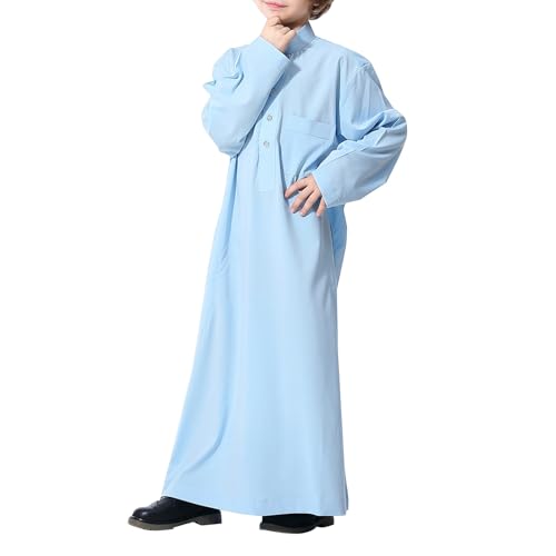 Arabic Thobe for Boys Muslim Solid Color Dress Long Sleeve Kaftan Teens Middle East Islamic Prayer Clothes Ramadan Eid Outfit - color: Sky Blue, size: 5-6 Years