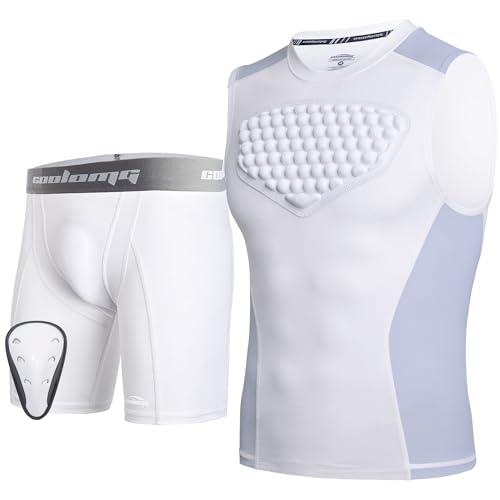 COOLOMG Boys Shorts with Cup + Chest Protector Shirts for Baseball Football, White XS