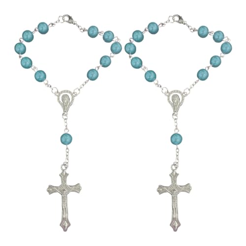 Smilfuy 2PCS Car Rosary for Rearview Mirror, Cyan Rosary Pendant Car Interior Rear View Mirror Charm Auto Decor, Cross Personalized Hanging Accessories - color: Blue-green