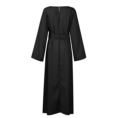 SGASY Womens Muslim Long Dress One Piece Long Sleeve Abayas Islamic Prayer Robes Summer Casual Loose Fit Kaftan with Pockets - color: 12-블랙, size: S