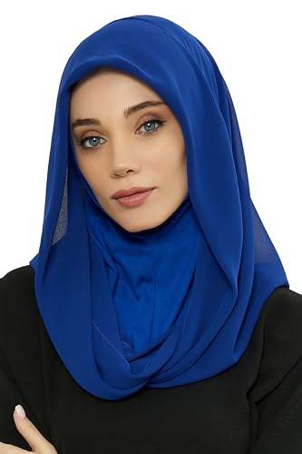 Aisha's Design Pre-tied Cotton-Chiffon Scarf for Women Practical Veil Instant Scarf Hijab Stylish Design - color: Sax Blue