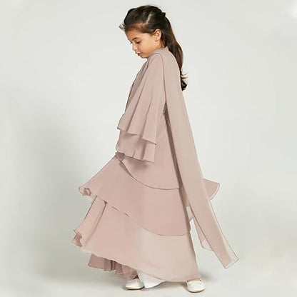 Chiffon layered Open Abaya Dubai Kaftan Muslim Cardigan Abayas Dresses For Girls Casual Robe Kimono Islam Clothing - color: Champagne, size: 5-6 Years