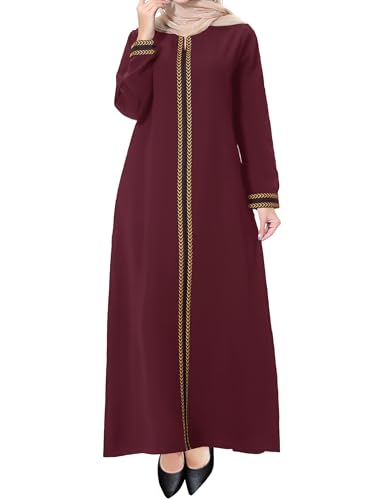 WSPLYSPJY Embroidered Abaya Muslim Dresses for Women Maxi Long Sleeve Prayer Clothes Middle Eastern Kaftans - color: Wine Red, size: Small