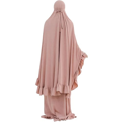 2PCS Abayas for Women Muslim Dress Ruffled Hem Modest Prayer Robe Full Coverage Modest Jilbab Set - color: Pink, size: Medium