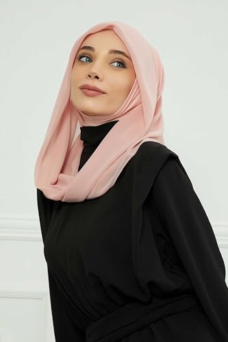Aisha's Design Pre-tied Cotton-Chiffon Scarf for Women Practical Veil Instant Scarf Hijab Stylish Design - color: Powder