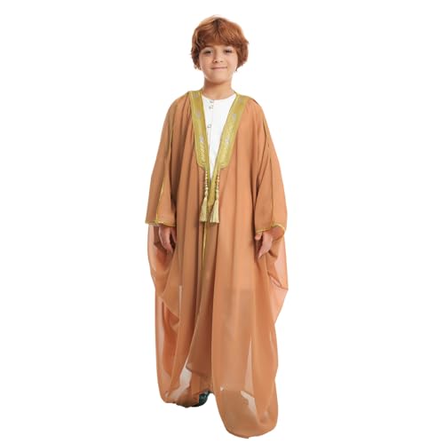 FYMNSI Boys Robe Islamic Muslim Clothes Kimono Loose Abaya Long Sleeve Embroidered Chiffon Kaftan Cardigan Casual Dubai Thobe - color: Camel, size: 8-10 Years