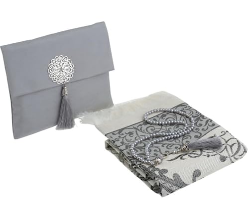 Prien Muslim Prayer Rug with Tasbih and Portable Bag, Muslim Gift for Women Men, Mubarak Islamic Box, Soft Mat Islam Gifts Set, Turkish Sajadah for Ramadan, Eid, Hajj, Travel, Pray (Grey) - color: Grey