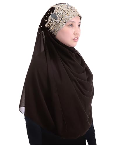 Lina & Lily Premium Chiffon Hijab Head Scarf Wrap with Gold Sequins Glitters Beads for Muslim Women - color: Dark Brown