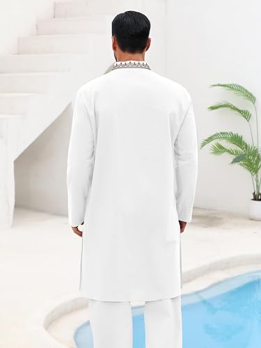 Runcati Mens Kaftan Thobe Cotton Henley Shirt Long Sleeve Embroidery Robe Casual Kurta Muslim Gown Shirt - color: White, size: X-Large