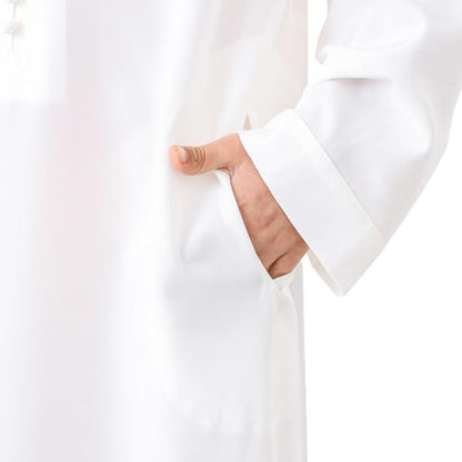 Boys Arabic Thobe Solid Long Sleeve Muslim Kaftan Robe Kids Boys Crew Collar Button Islamic Thobe Ramadan Eid Outfit - color: White, size: 3-4T