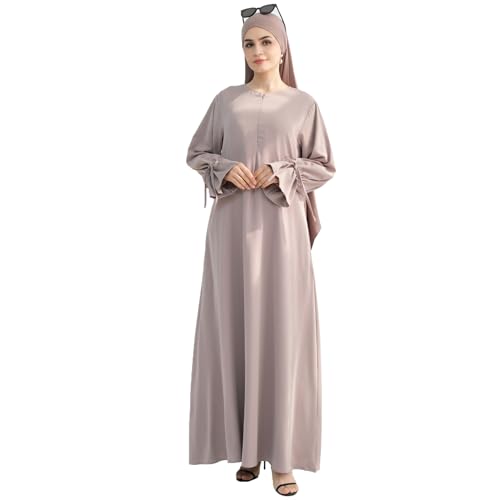 Tie Cuffs Dress Solid Color Abaya for Women Front Zipper Robe with Pocket Daily Islamic Prayer Clothes - color: Taro, size: Medium