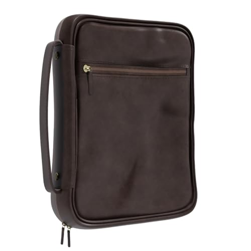Leather Bible Cover for Men - Fits Large Print & Study Bibles up to 10 x 8 in - Soft Suede Lining, Multiple Pockets, Carry Handle & Bookmark Ribbon - Premium Mens Bible Case for Daily Devotion
