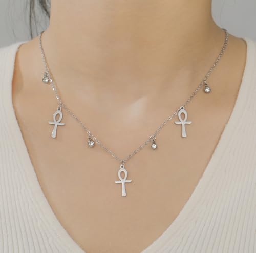 Ankh Cross Y Necklace Key of Life Eye of Horus Pendant Cartouche Long Chain Protection African Coptic Amulet Ancient Egyptian Religious Jewelry Gift for Women Men - color: Gemstone Ankh Cross silver