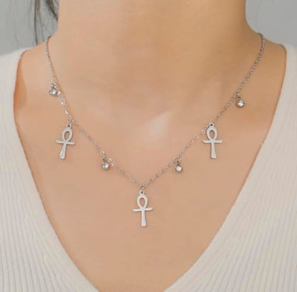 Ankh Cross Y Necklace Key of Life Eye of Horus Pendant Cartouche Long Chain Protection African Coptic Amulet Ancient Egyptian Religious Jewelry Gift for Women Men - color: Gemstone Ankh Cross silver