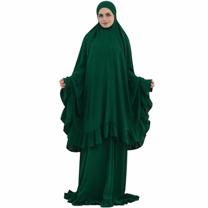 2PCS Women Muslim Prayer Abaya Dress Ruffle Trim Side Pockets with Khimar - color: Dark Green, size: Medium