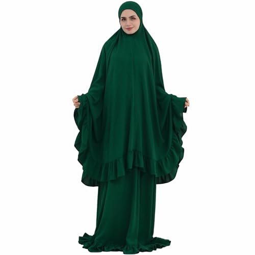 2PCS Women Muslim Prayer Abaya Dress Ruffle Trim Side Pockets with Khimar - color: Dark Green, size: Large