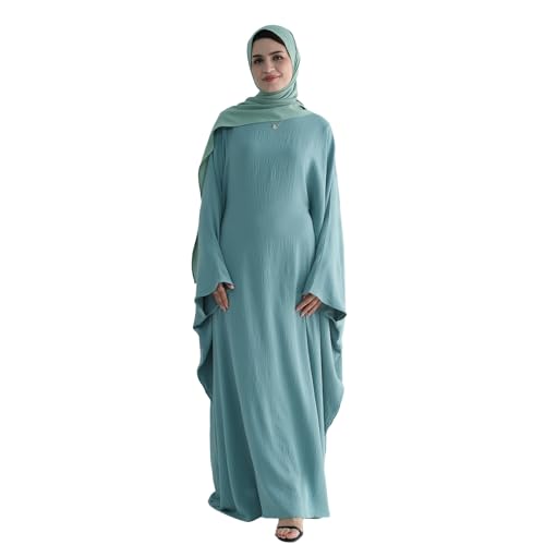 Abaya Muslim Women Dress Batwing Sleeve Loose Maxi Modest Islamic Clothes Prayer Dress with Hijab Scarf - color: Light Green