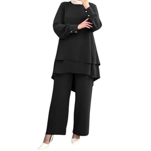 Muslim Casual 2 Piece Set For Women Long Sleeve Loose Top Wide Leg Pants Suit Plus Size Outfit Prayer Clothes - color: 1-black, size: XX-Large
