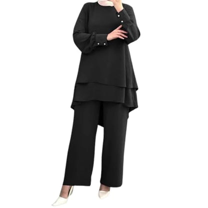 Muslim Casual 2 Piece Set For Women Long Sleeve Loose Top Wide Leg Pants Suit Plus Size Outfit Prayer Clothes - color: 1-black, size: Large