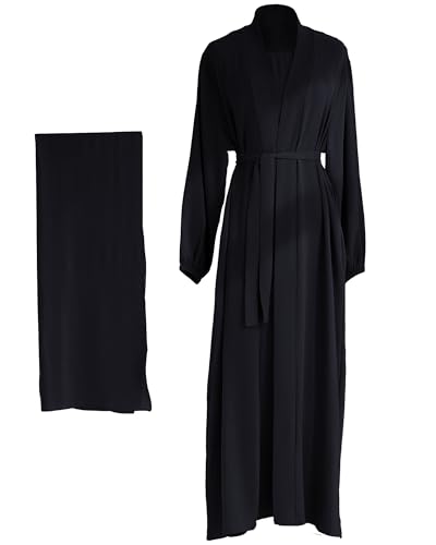 Women's Muslim Dress Two Pieces Set Islamic Prayer Abaya Modest Solid Color Muslim Outfits - color: Black Abaya and Black Hijab, size: XX-Large
