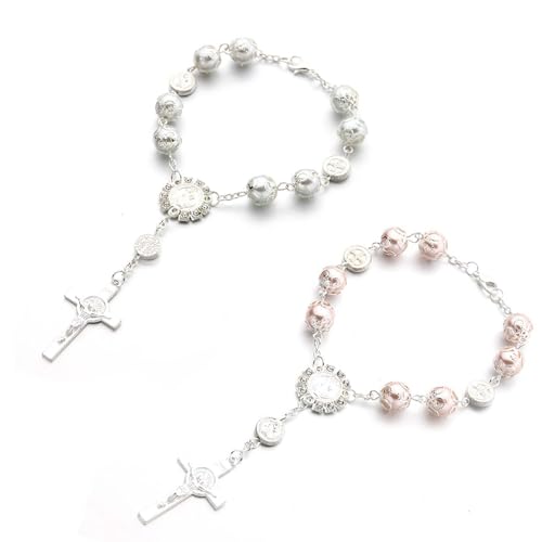 2-Piece Car Rosary & Cross Pendant Car Accessories, Rearview Mirror Hanging Ornament (White) - color: White
