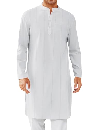 Runcati Mens Kaftan Thobe Button Down Henley Shirts Robe Long Sleeve Casual Cotton Pleated Muslim Gown Shirt - color: White, size: Large