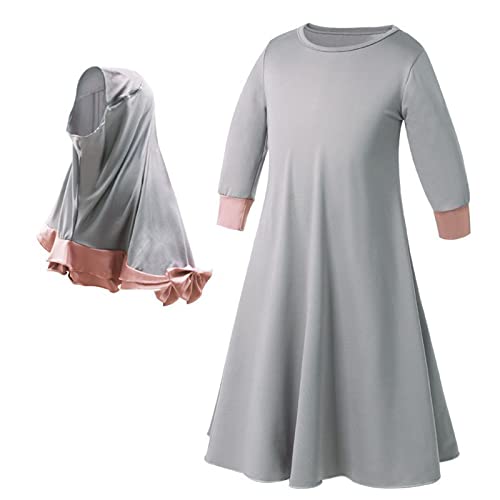 Kids Prayer Dress Muslim Clothes Outfits for Toddler Girls Long Sleeve Abaya with Hijab Two Piece Maxi Islamic Set - color: Grey, size: 5-6 Years